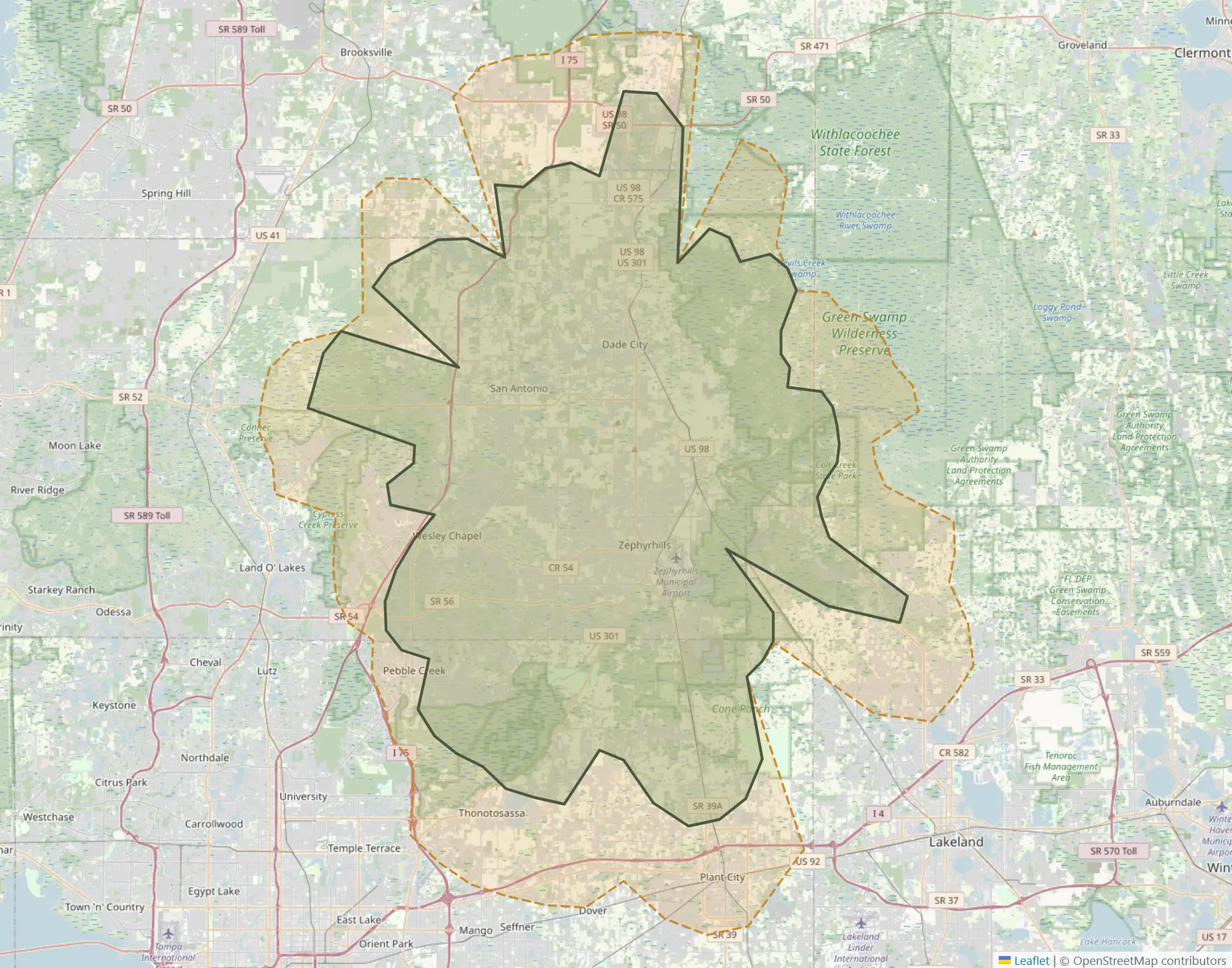 Map of the pickup area around Zephyrhills. Zephyrhills, Dade City, San Antonio and Wesley Chapel are inside it. Land O' Lakes, Lutz, Plant City and Lakeland are outside it.